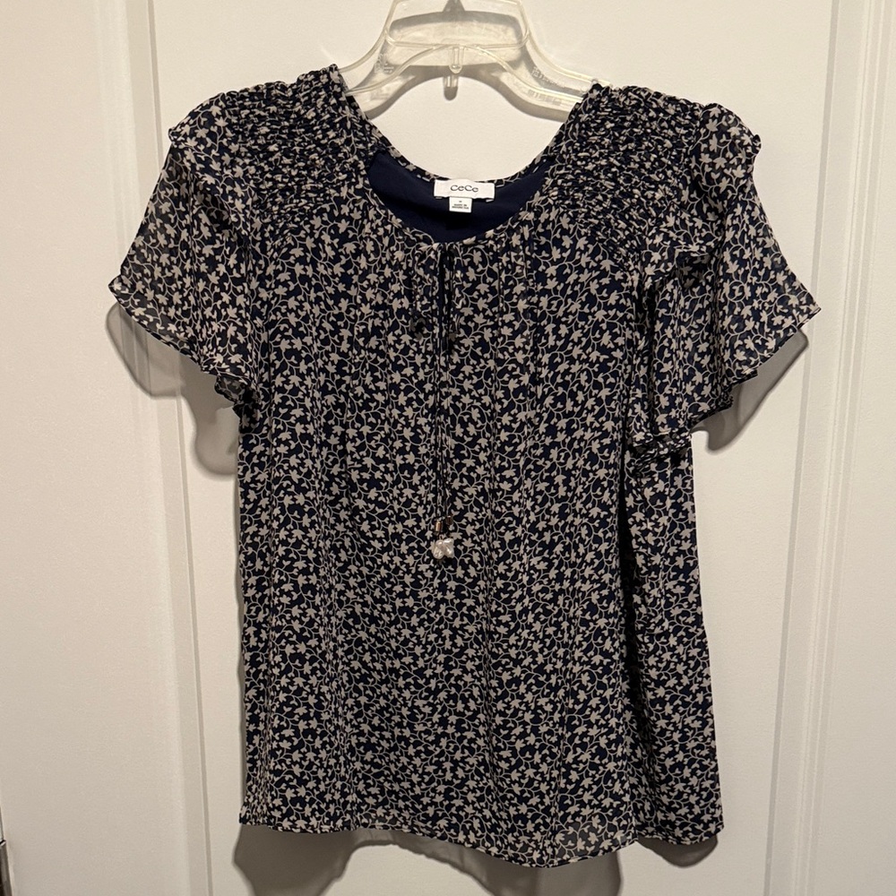 Cece Navy and Cream Patterned Blouse